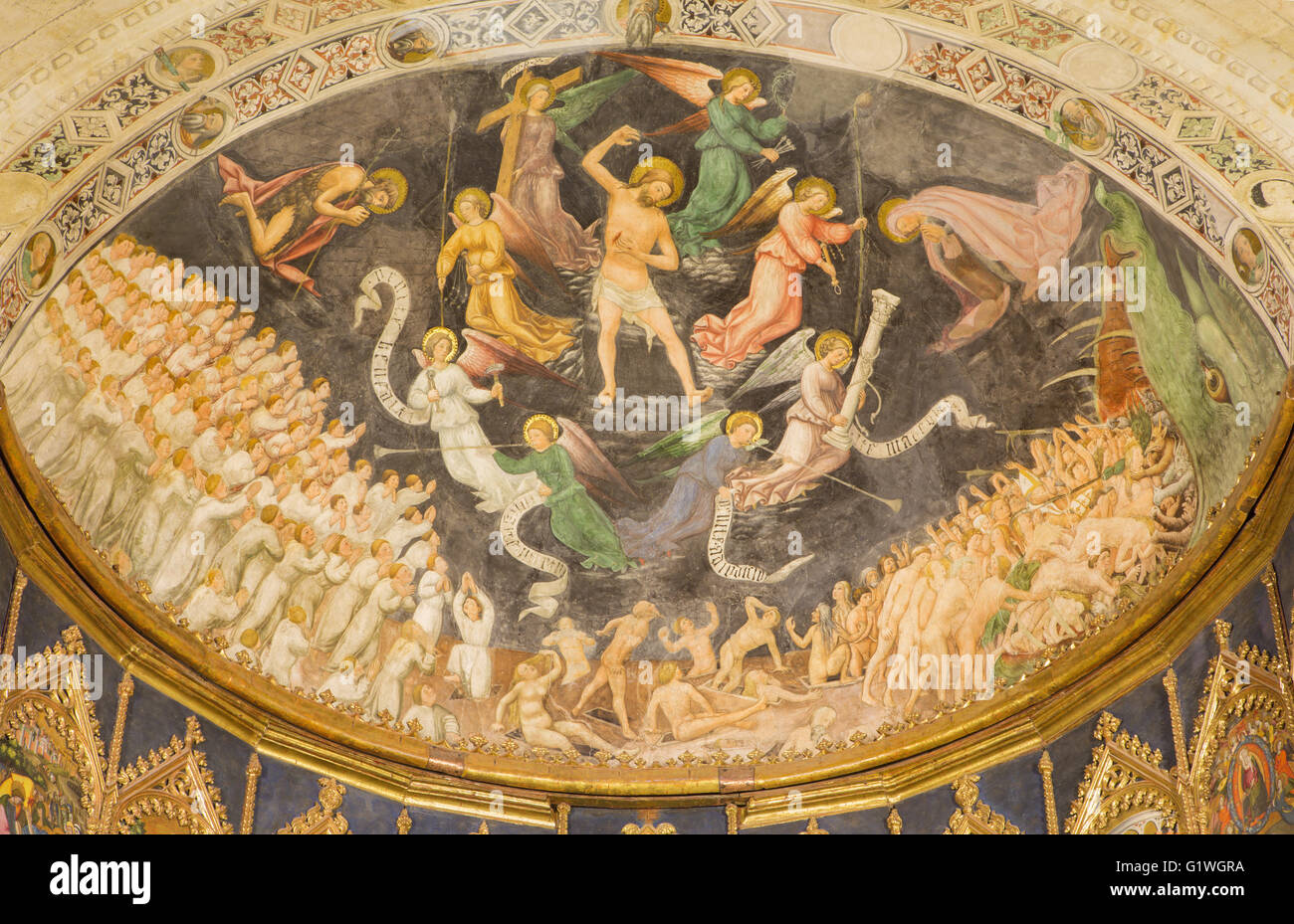 SALAMANCA, Spanien, APRIL - 16, 2016: Die gotische fresco "Juicio Finale" - jüngste Gericht offenkundig den Hauptaltar der alten Kathedrale Stockfoto