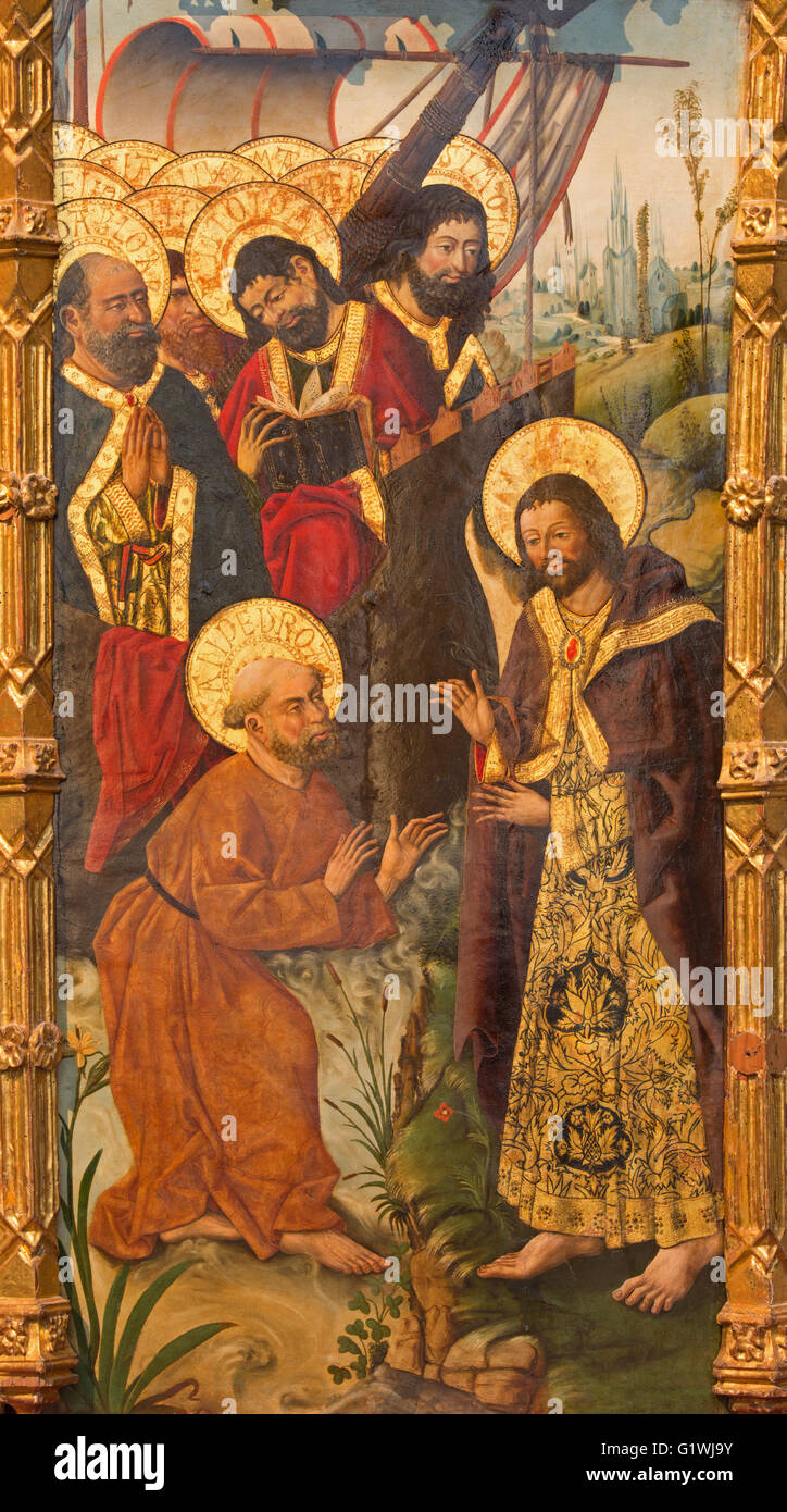 AVILA, Spanien, APRIL - 18, 2016: Das Gemälde Mission von St. Paul nach St. Peter und die Apostel von Fernando Gallego (15. Cent.) Stockfoto