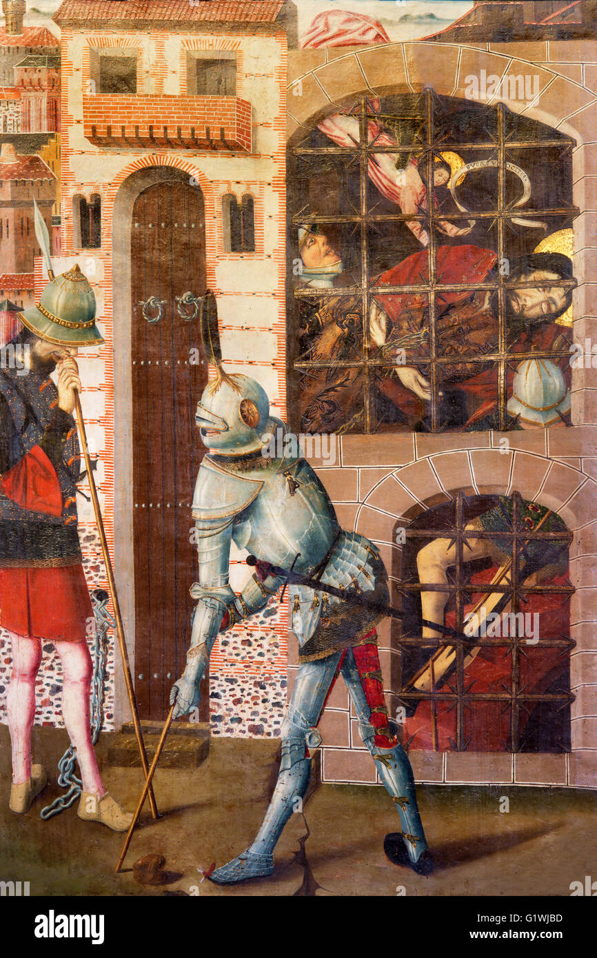 AVILA, Spanien, 18. April 2016: Die Befreiung des Heiligen Petrus aus der Gefängnis-Malerei in der Sakristei der Catedral de Cristo Salvador Stockfoto