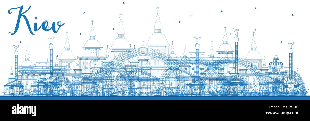 Umriss Kiew Skyline mit blauen Wahrzeichen. Vektor-Illustration. Business-Reisen und Tourismus-Konzept mit historischen Gebäuden. Stock Vektor