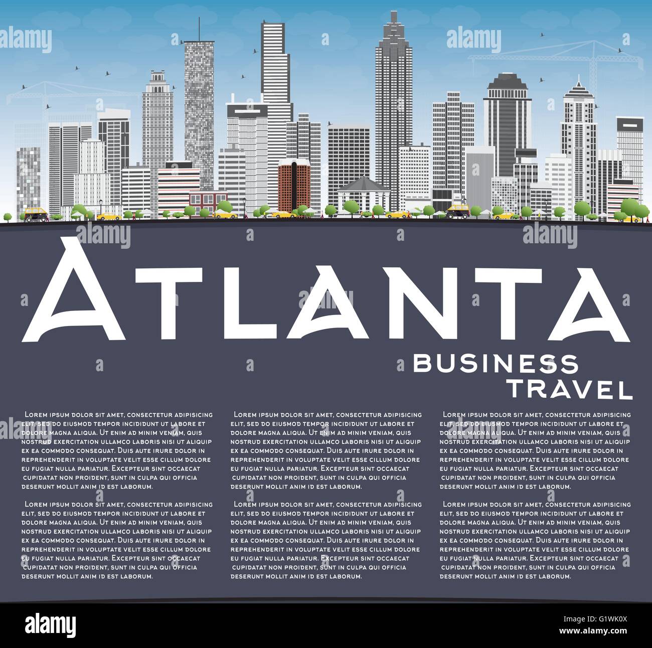 Skyline von Atlanta mit grauen Gebäuden, blauer Himmel und Textfreiraum. Vektor-Illustration. Geschäftsreisen und Tourismus-Konzept Stock Vektor