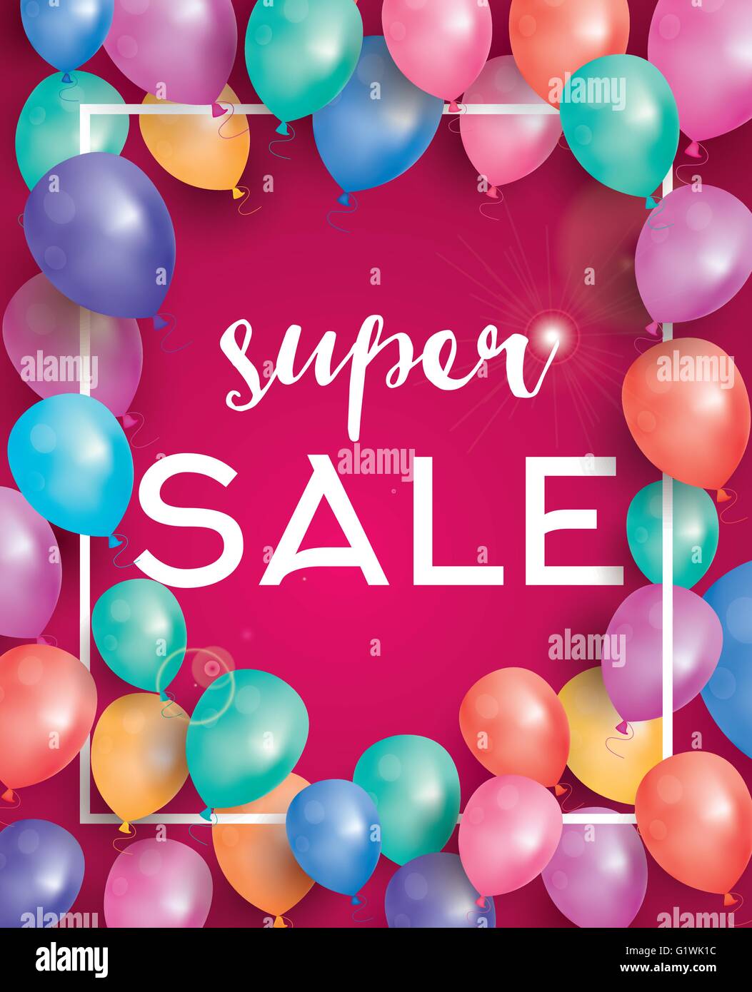 Super Verkaufsposter auf rotem Grund mit fliegenden Ballons und weißen Rahmen. Vektor-Illustration. Super Sale Banner. Stock Vektor