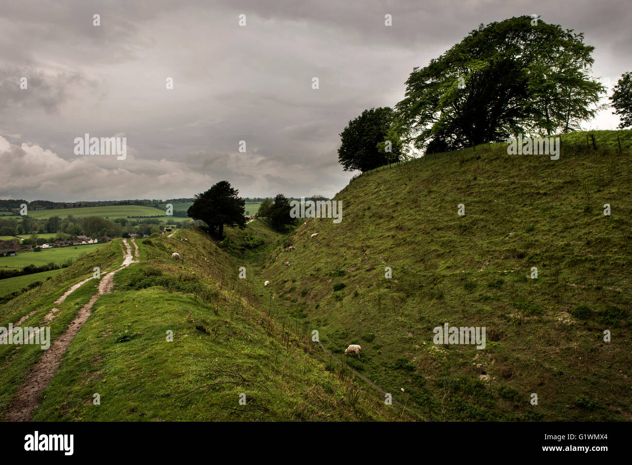 Old Sarum Eisen Alter Wallburg in der Nähe von Salisbury, Wiltshire, UK Stockfoto