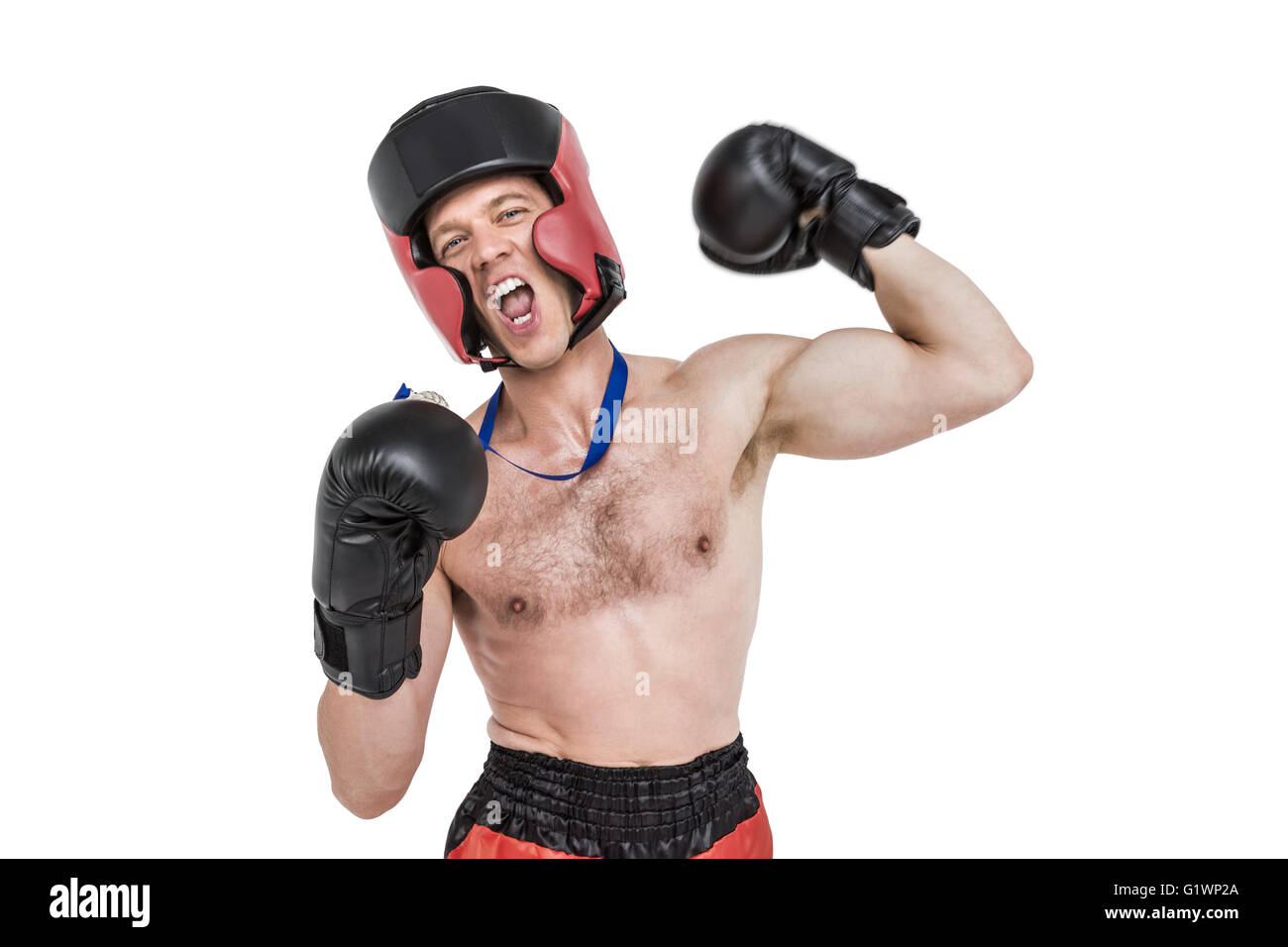 Boxer, die Medaille, die Durchführung von Boxen Haltung tragen Stockfoto