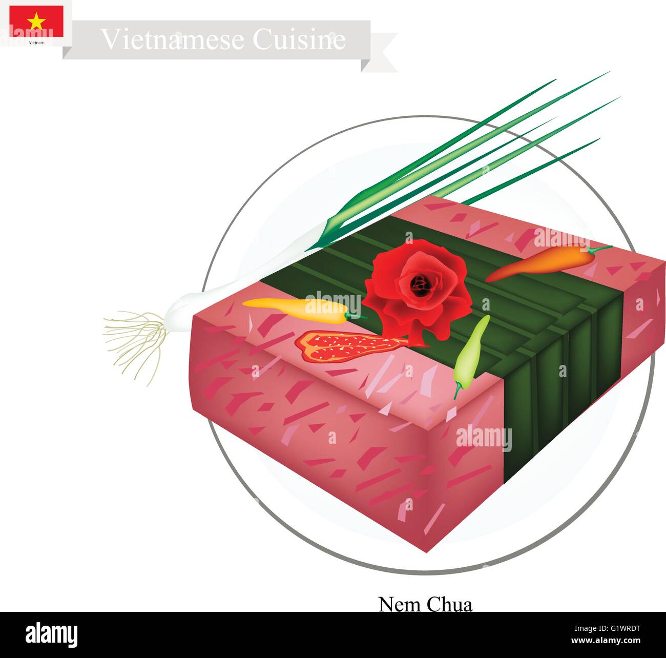 Vietnamesische Küche, Nem Chua oder traditionelle Wurstwaren oder fermentierte Schweinefleisch. Eines das beliebteste Gericht in Vietnam. Stock Vektor