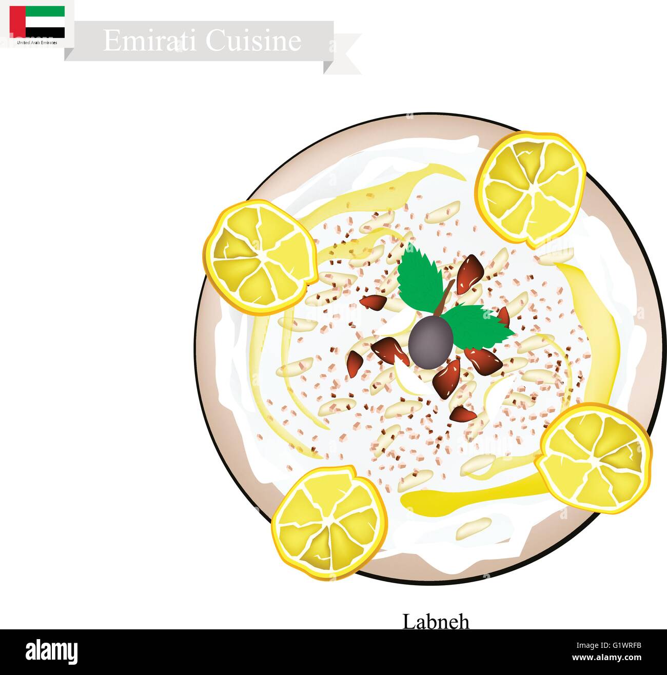 Küche der Emirate, Laban oder traditionellen Joghurt Käse. Eines das beliebteste Gericht in Vereinigten Arabischen Emiraten. Stock Vektor