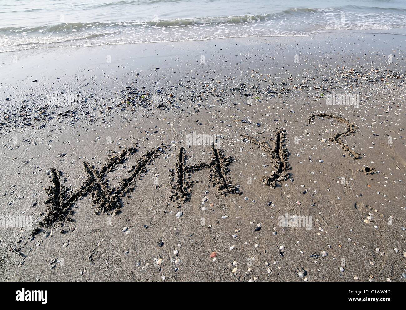 Große, warum auf dem Sand des Meeres geschrieben Stockfoto
