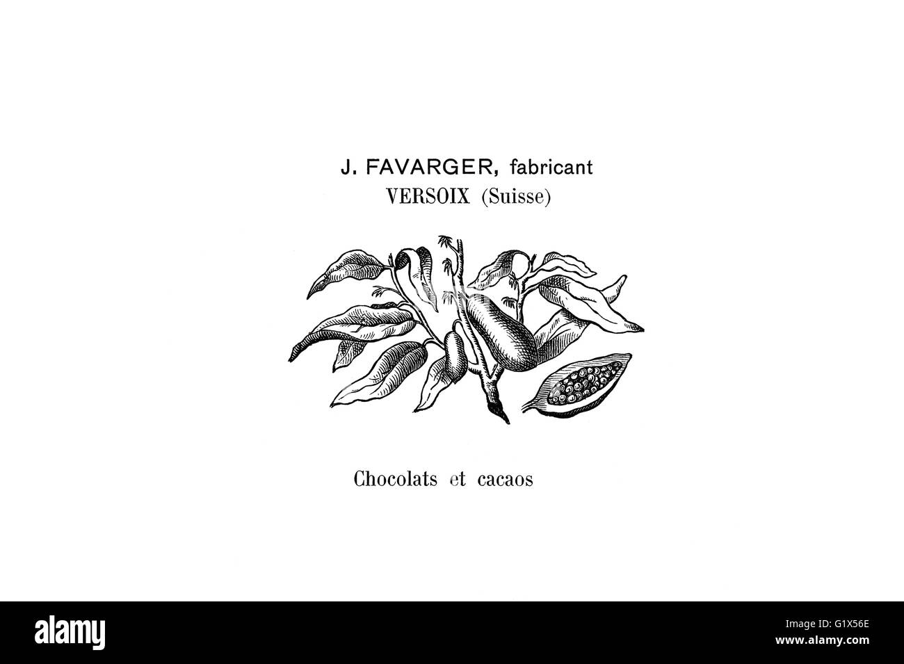 Historische Marke der Schweizer Schokoladenhersteller Favrager von 1901 Stockfoto
