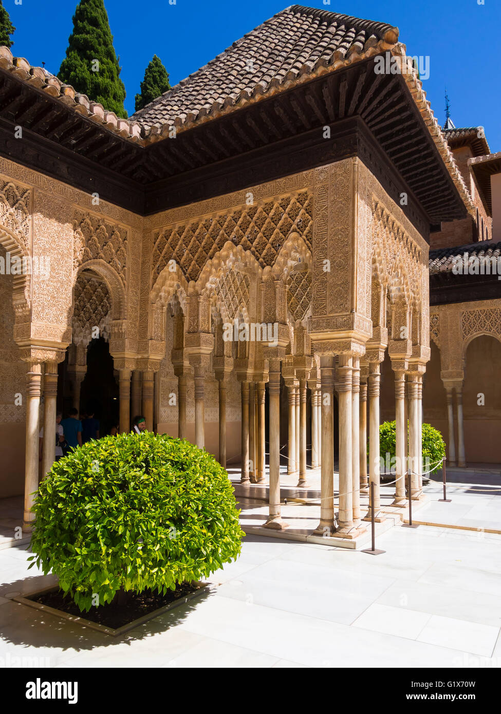 Arabesque maurischen Architektur, Hof der Löwen, Patio de Los Leones, Nasriden, Alhambra, Granada Provinz Andalusien Stockfoto
