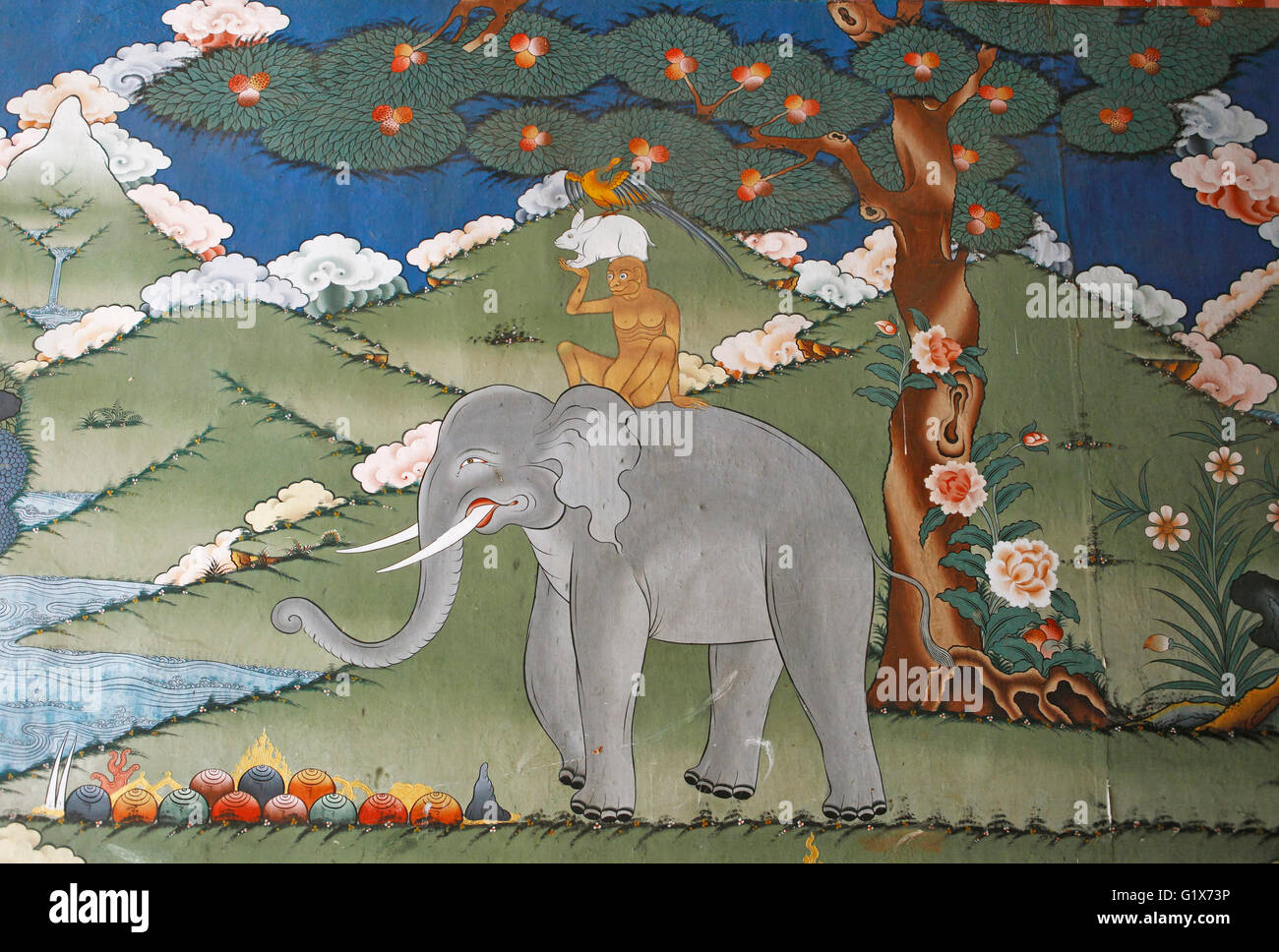 Wandbild, buddhistische Klosterburg Dzong Punakha, Punakha Bezirk, Bhutan Stockfoto