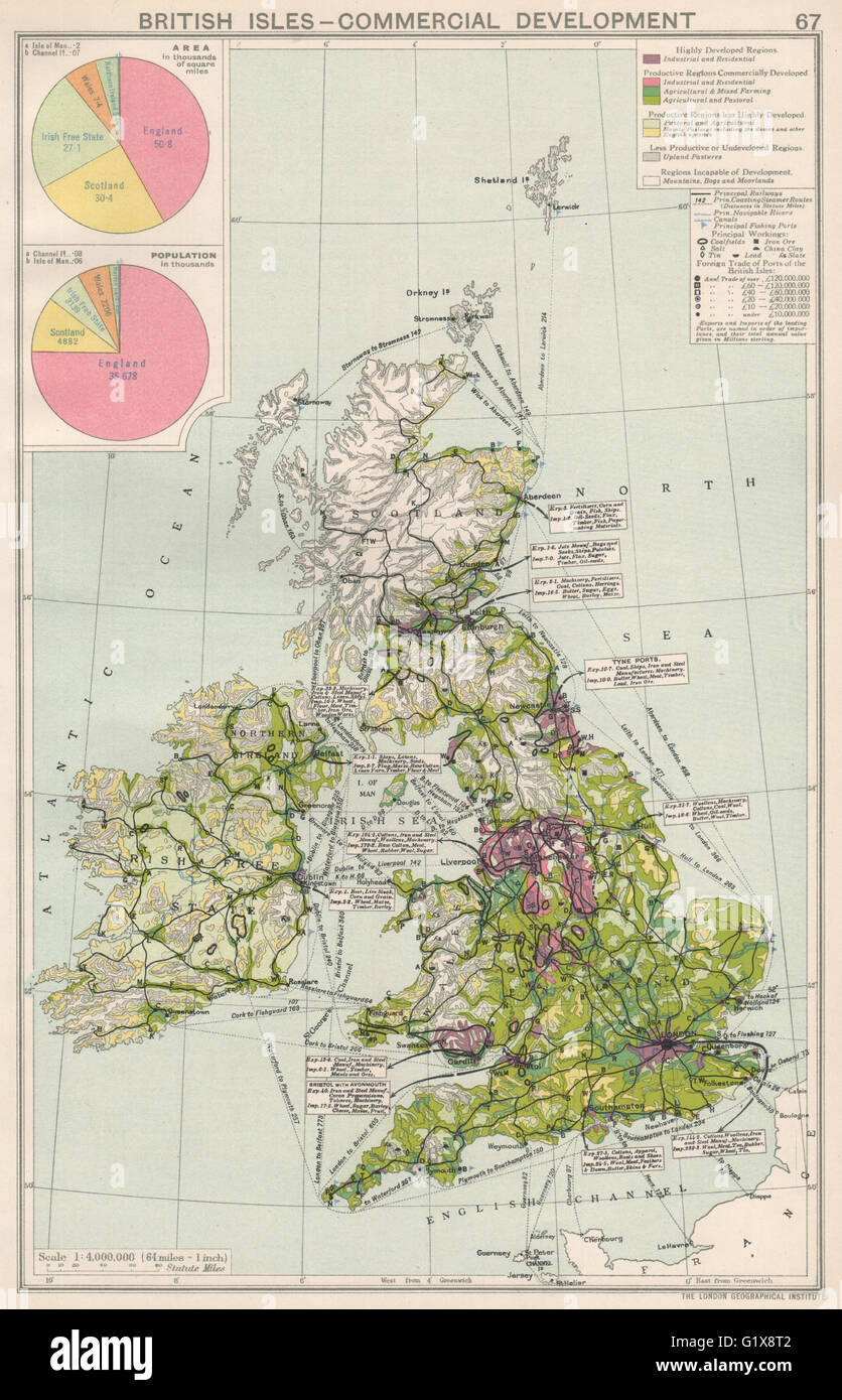 Britischen Inseln. Kommerzielle Entwicklung. Importieren Sie & Exportrouten. Industrie 1925 Karte Stockfoto