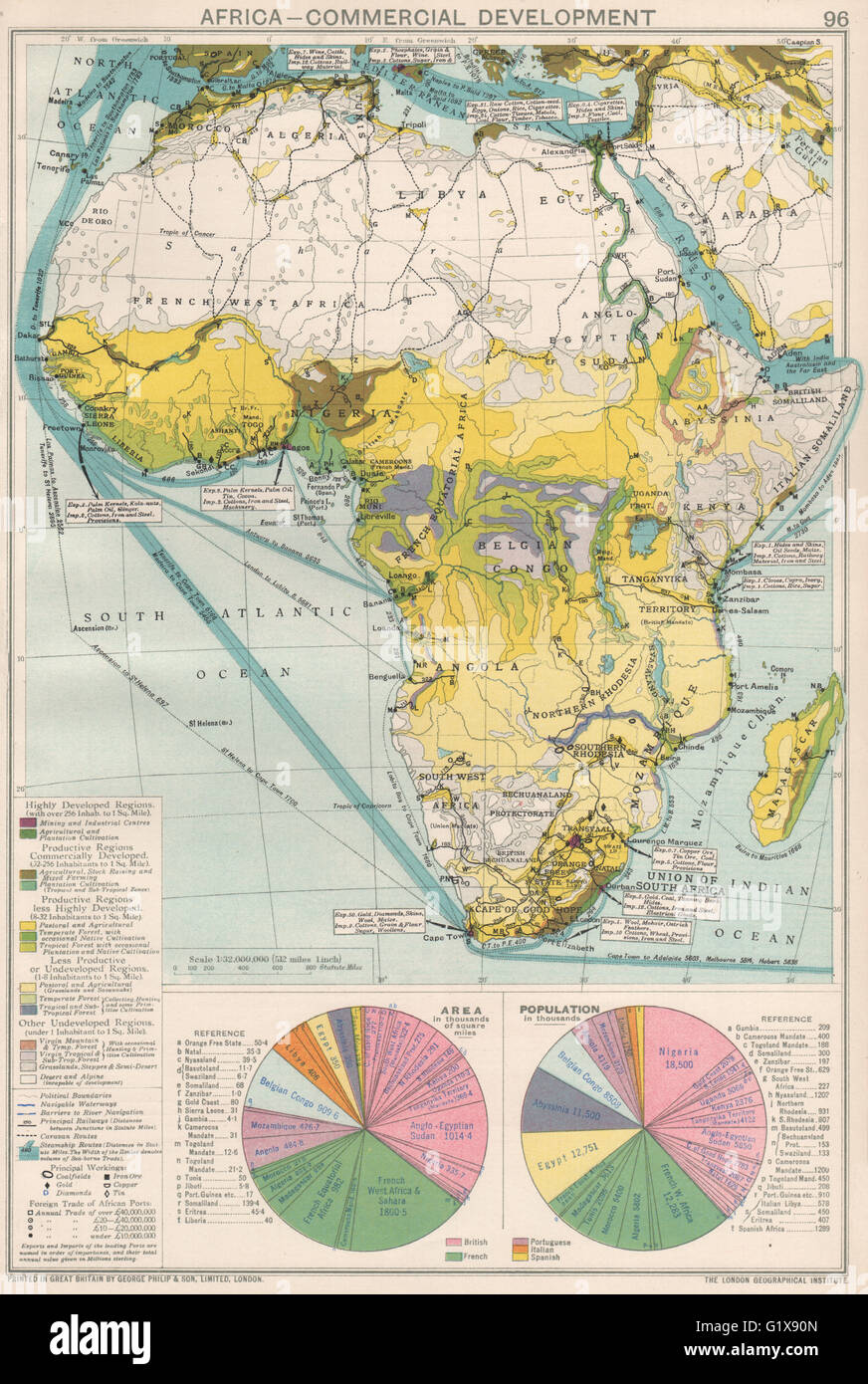 Afrika. Kommerzielle Entwicklung. Importieren Sie & Exportrouten. Bergbau, 1925 alte Karte Stockfoto