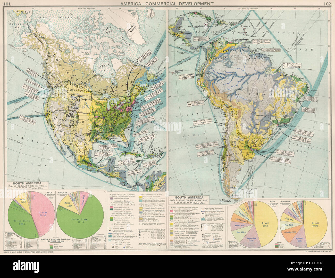 & Süd Nordamerika. Kommerzielle Entwicklung. Importieren Sie & Exportrouten Sie, 1925-Karte Stockfoto