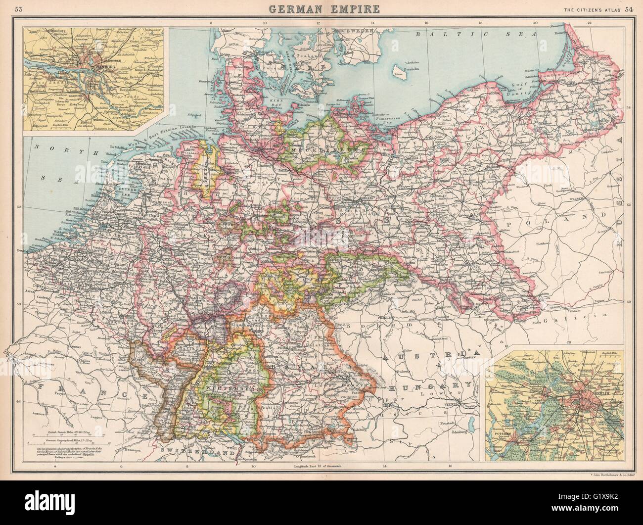 DEUTSCHES REICH. Staaten. Deutschland. Preußen. Hamburg-Berlin. Bartholomäus, 1912 Karte Stockfoto