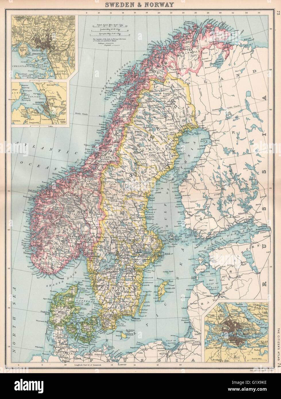 SCANDINAVIA Schweden Norwegen & Dänemark. Inset Christiania Oslo Stockholm, 1912 Karte Stockfoto