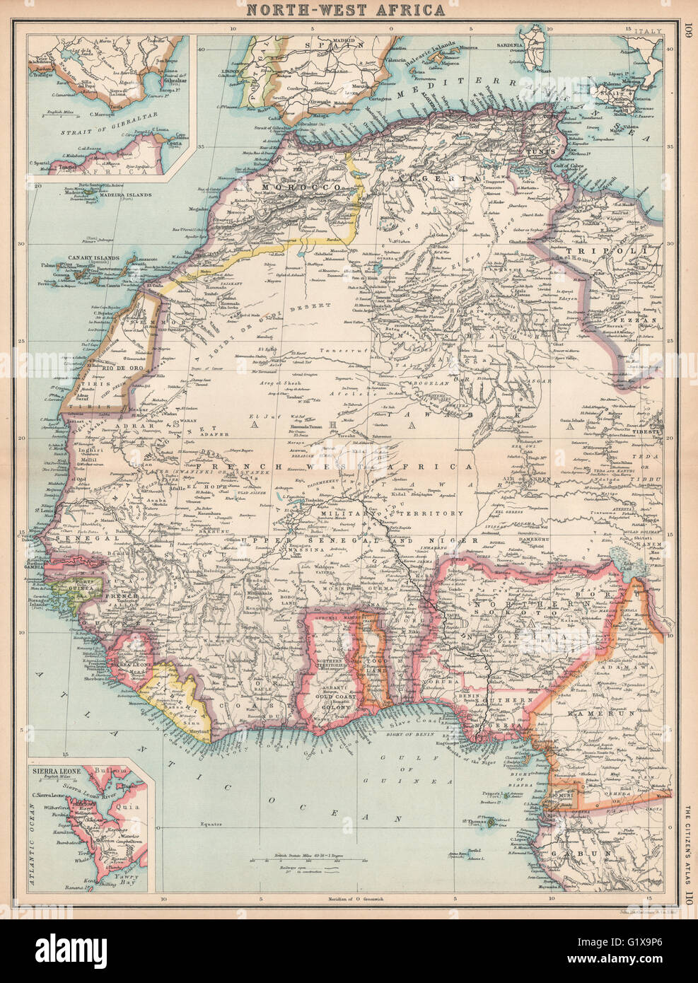 Französisch-Westafrika Nigeria Gold Coast Rio de Oro portugiesischen Guinea, 1912 Karte Stockfoto