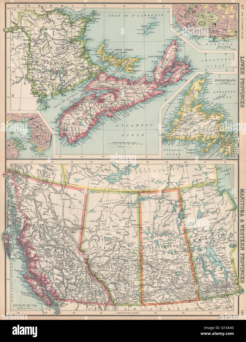 KANADA WESTEN & MARITIME PROVINZEN. Inset St. John & Halifax, 1912 alte Karte Stockfoto