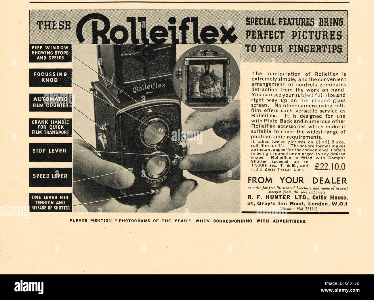 Jahrgang 1936 Werbung für Rolleiflex TLR Kamera Stockfoto