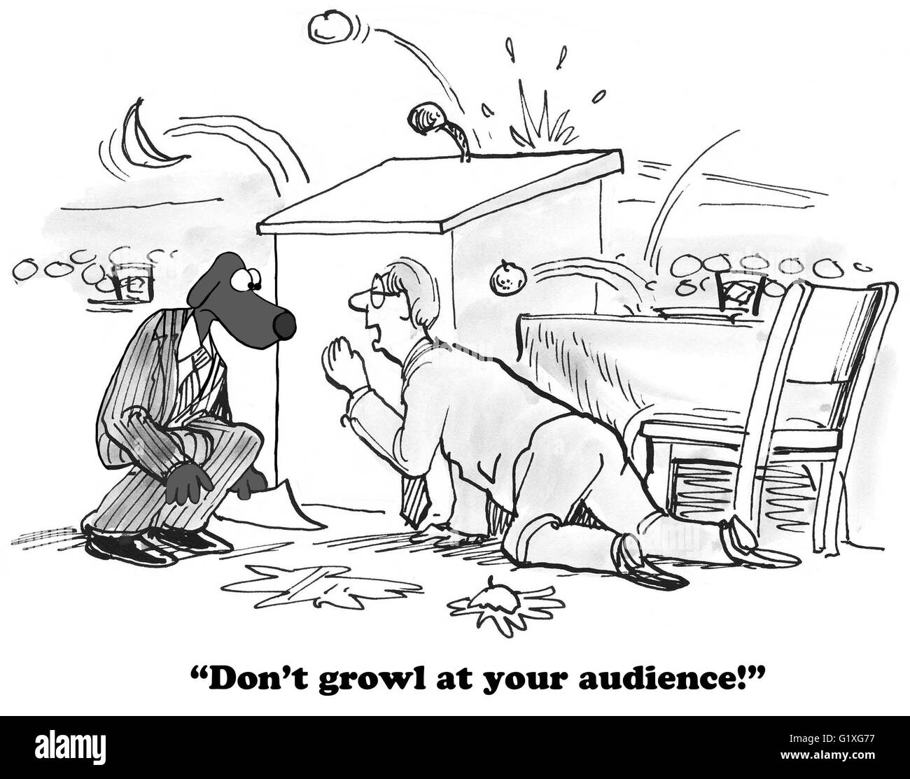 Geschäftliche oder politische Karikatur über ein Publikum einen Lautsprecher verdorbenes Essen bewerfen. Stockfoto