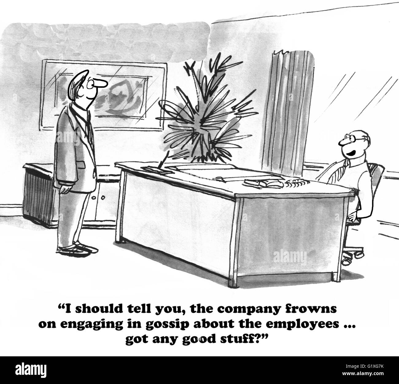 Geschäftliche Zeichentrickfilm über Unternehmensregeln verletzt und Klatsch zu schaffen. Stockfoto