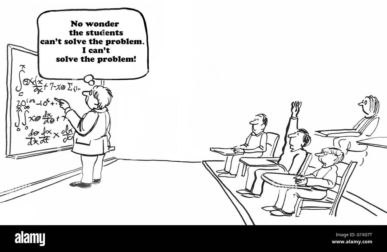Bildung-Karikatur über einen unlösbaren Rechenaufgabe. Stockfoto