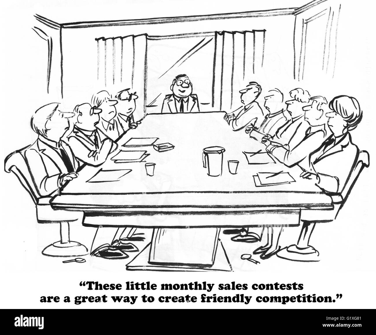 Geschäftliche Cartoon über die monatlichen Umsatz Wettbewerbe. Stockfoto