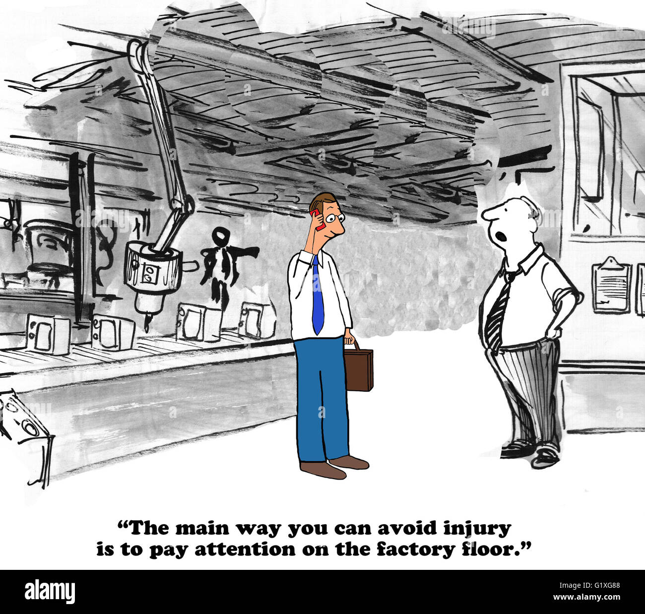 Geschäftliche Cartoon über leichtsinnig und möglichen Verletzungen in der Fabrikhalle. Stockfoto