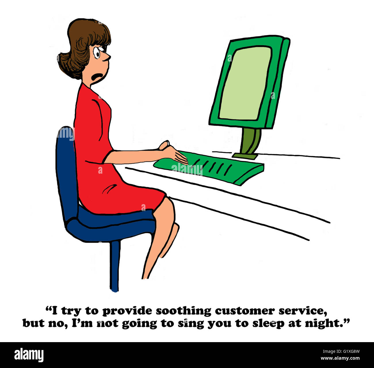 Geschäftliche Karikatur über einen Kundendienstmitarbeiter mit eine beruhigende Stimme. Stockfoto