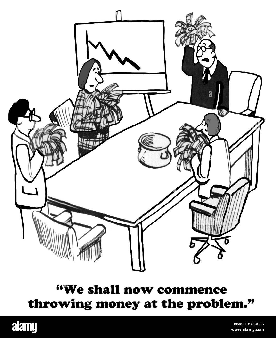 Geschäftliche Cartoon über Geld auf das Problem werfen. Stockfoto