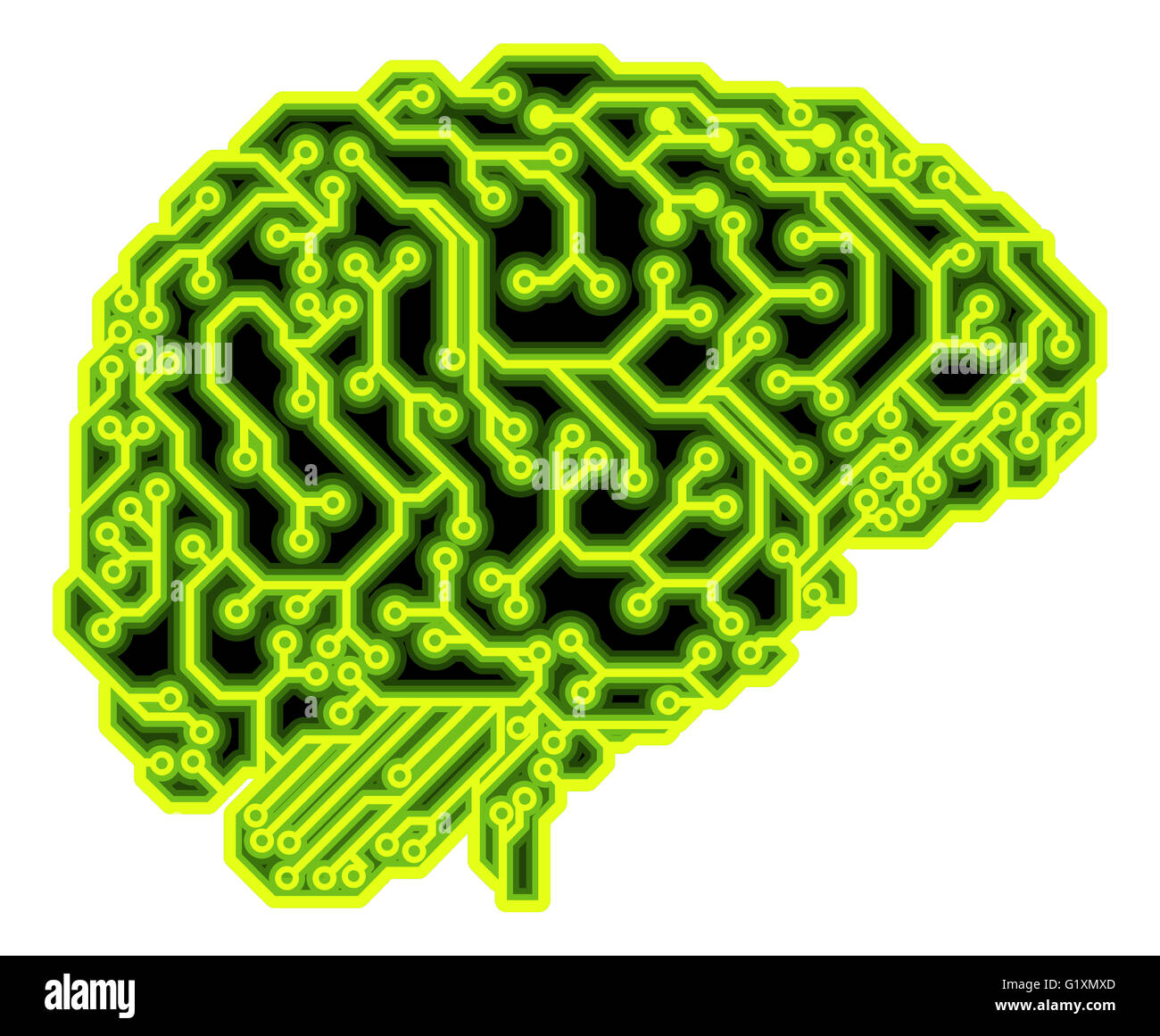 Ein menschliches Gehirn besteht aus elektrischen Schaltungen oder eine Platine kann ein Konzept für künstliche Intelligenz. Stockfoto