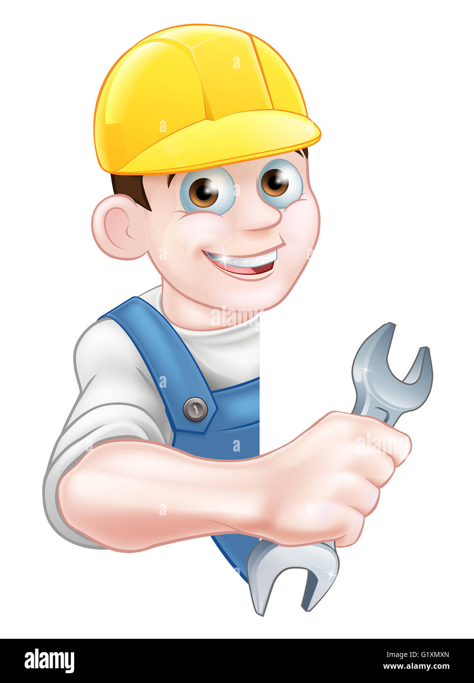 Eine Karikatur Klempner Charakter in einem gelben Bauarbeiterhelm hält einen Strich durch Stockfoto
