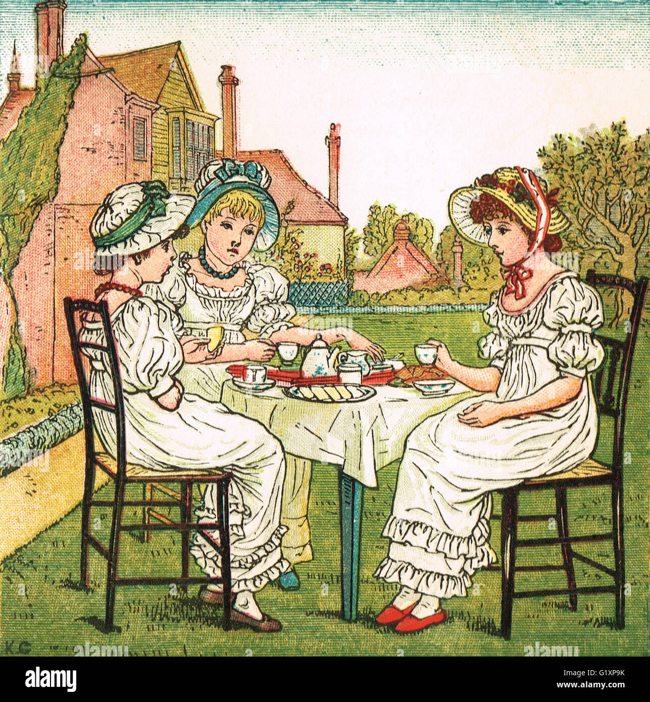 Junge Mädchen mit einer Tee-Party von Kate Greenaway 1880 Stockfoto