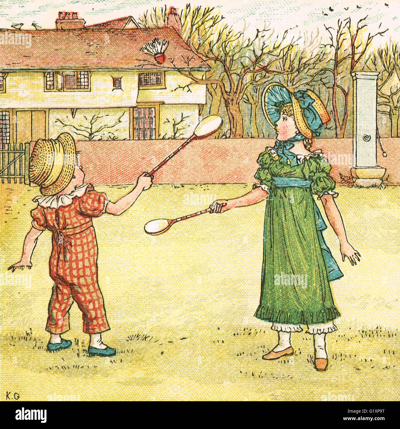 Kinder spielen Federball & Battledore (oder Jeu de volant Frühfassung der Badminton) von Kate Greenaway 1880 Stockfoto