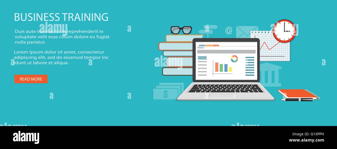 Flaches Design moderne Vector Illustration Konzept von Bildung, Business, Marketing, e-mail Marketing, Management mit Laptop, Buch Stock Vektor