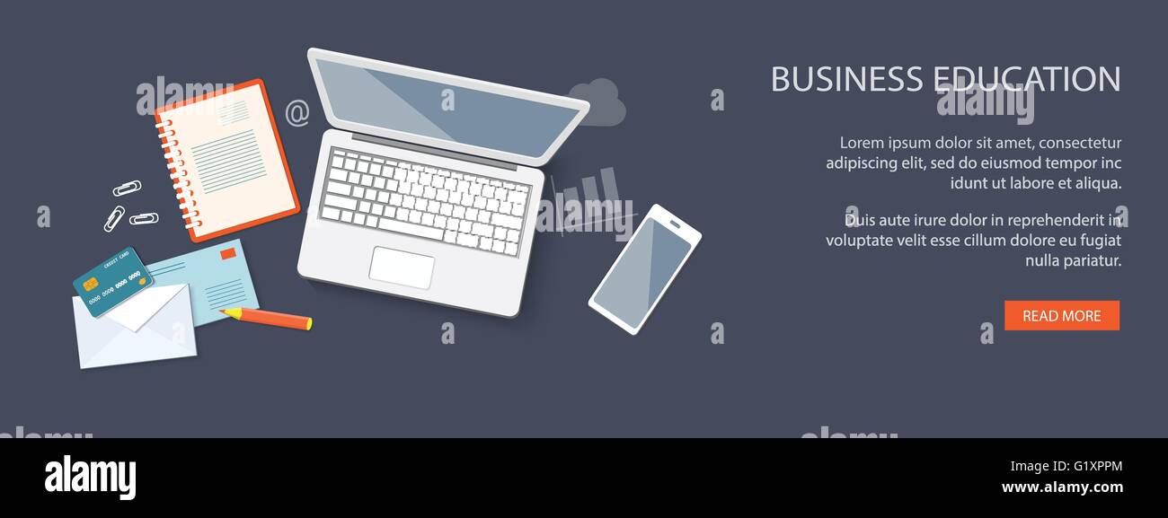 Flaches Design moderne Vector Illustration Konzept von Bildung, Business, Marketing, e-Mail-Marketing, Management mit Laptop, mobi Stock Vektor