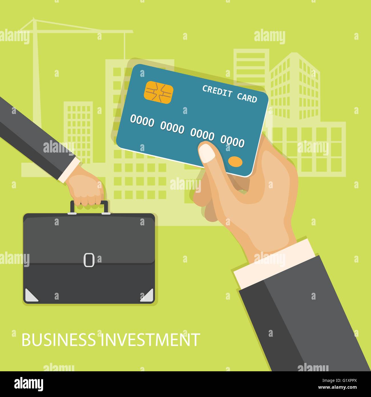 Flaches Design moderne Vector Illustration Konzept der Unternehmensinvestitionen, Internet Banking mit Kreditkarte in der Hand und briefca Stock Vektor