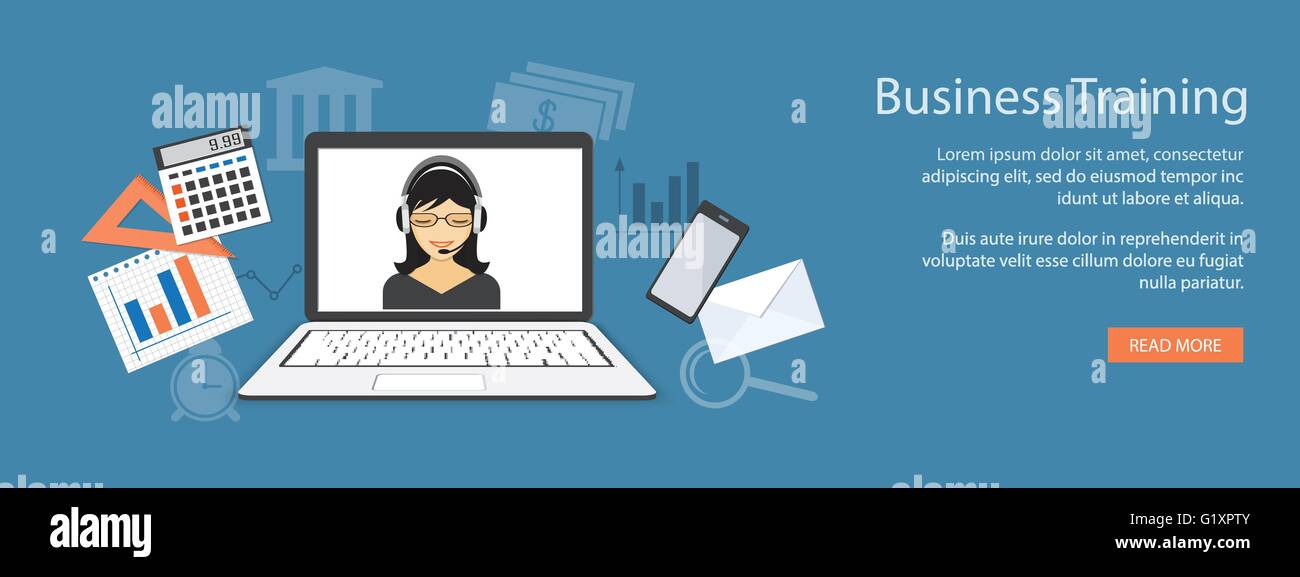 Flaches Design moderne Vector Illustration Konzept von Bildung, Unternehmen, Berufliche Ausbildung, Marketing, Management mit Laptop- und Mädchen-e Stock Vektor