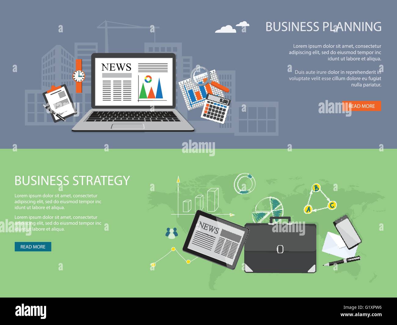 Flaches Design moderne Vector Illustration Konzept der Business Strategie, Planung, Analysen, Management mit Laptop, Rechner, Stock Vektor