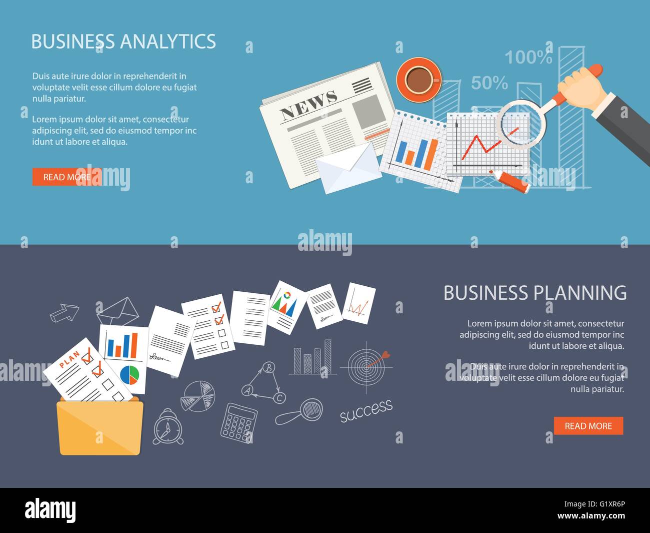 Flaches Design moderne Vector Illustration. Satz von Banner für Baustelle mit Hand, Loupe, Zeitung, Icons und Hand gezeichneten Symbole. Stock Vektor