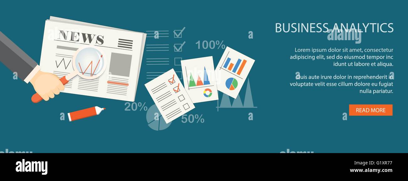 Flaches Design moderne Vektor-illustration Geschäftskonzept mit Lupe in der Hand, Zeitung, Symbole und Hand gezeichneten Symbole. eps 1. Stock Vektor
