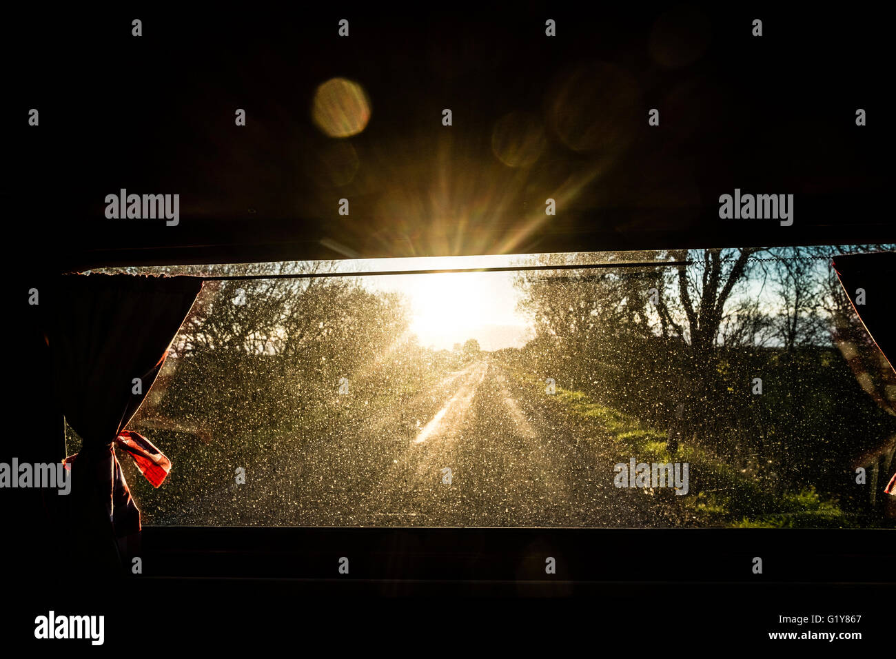 Blick aus dem hinteren Fenster von einem klassischen 1972 Volkswagen VW T2 (Typ 2) Wohnmobil, Ceredigion Wales UK Stockfoto