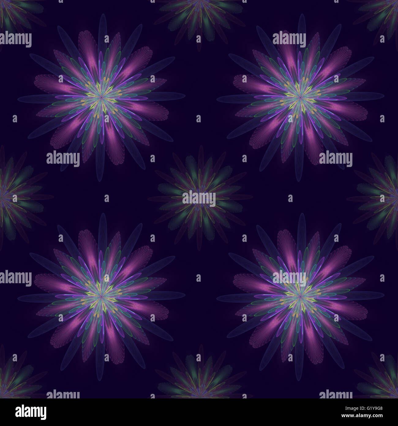 Fraktale Blumen in ein nahtloses Muster auf dunklem Hintergrund Stockfoto