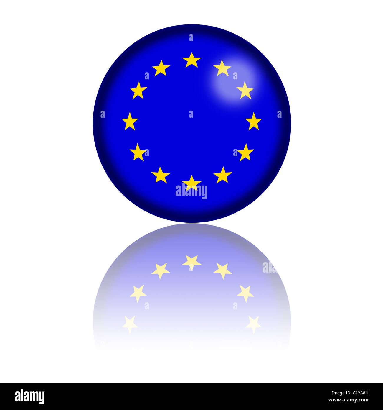3D Kugel oder Abzeichen der EU-Flagge mit Reflexion am Boden. Stockfoto