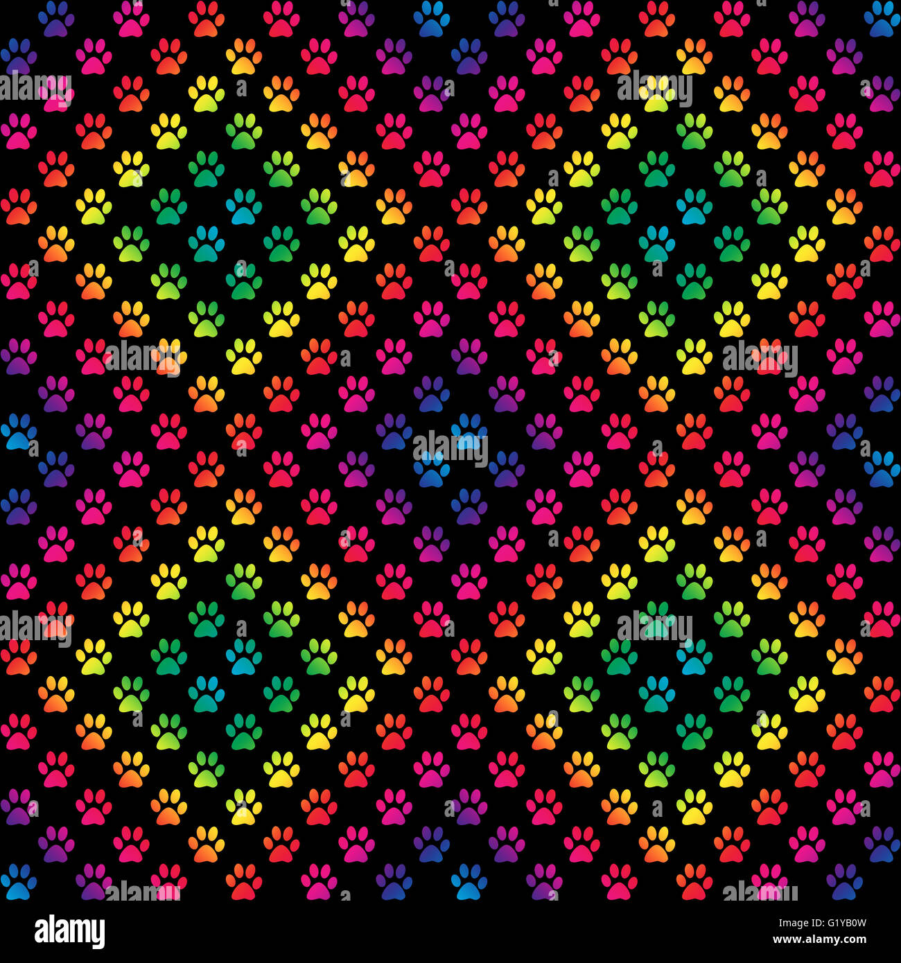 Pfotenabdrücke im Farbverlauf Regenbogenfarben in einem Rautenmuster auf schwarzem Hintergrund, ein nahtloses Muster Stockfoto