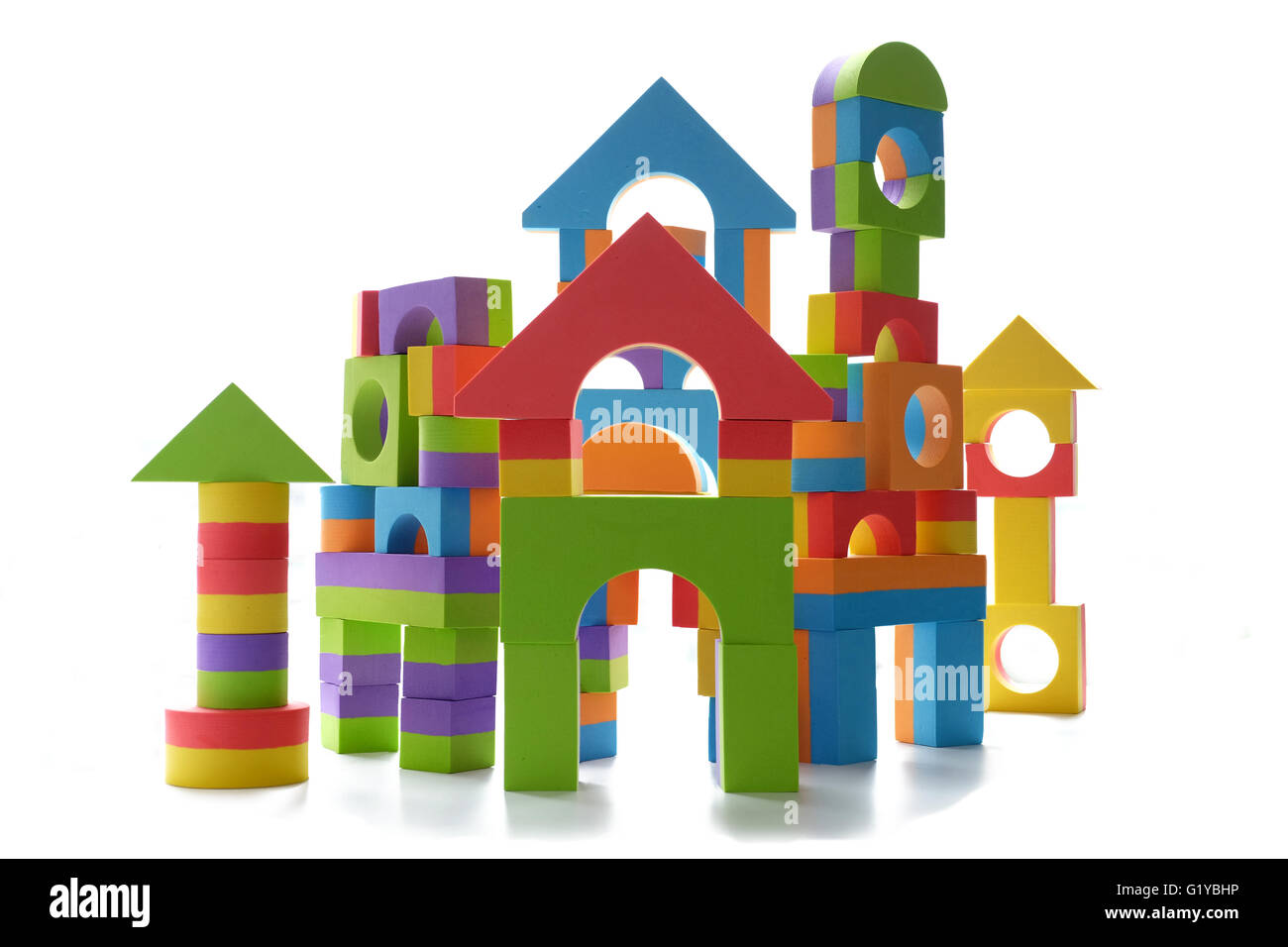 Isolierte Spielzeug Block Burg - weißer Hintergrund Stockfoto
