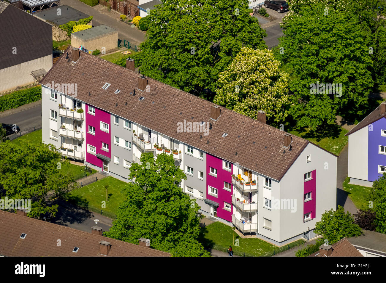 Luftbild, Mehrfamilienhäuser als Teilnehmer in einem Wettbewerb Fassade zu vermieten, Mehrfamilienhäuser, Hamm, Ruhrgebiet, Deutschland Stockfoto