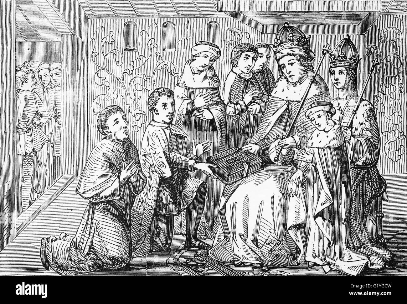 Präsentation zum König Edward IV. von William Caxton, englischer Kaufmann, Autor und Drucker.  Gedacht, um die erste englische Person arbeiten als Drucker und die erste Einführung eine Druckmaschine in England im Jahre 1476 Stockfoto