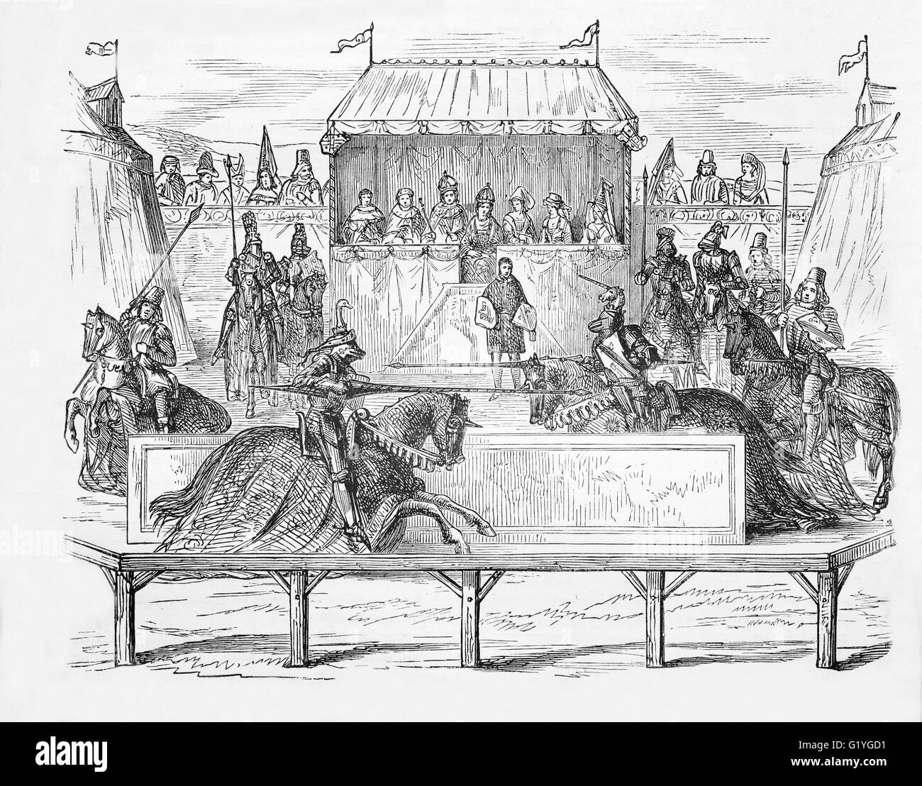 Ritterturniere Ritter in einem mittelalterlichen Turnier, England, um das Jahr 1400. Stockfoto