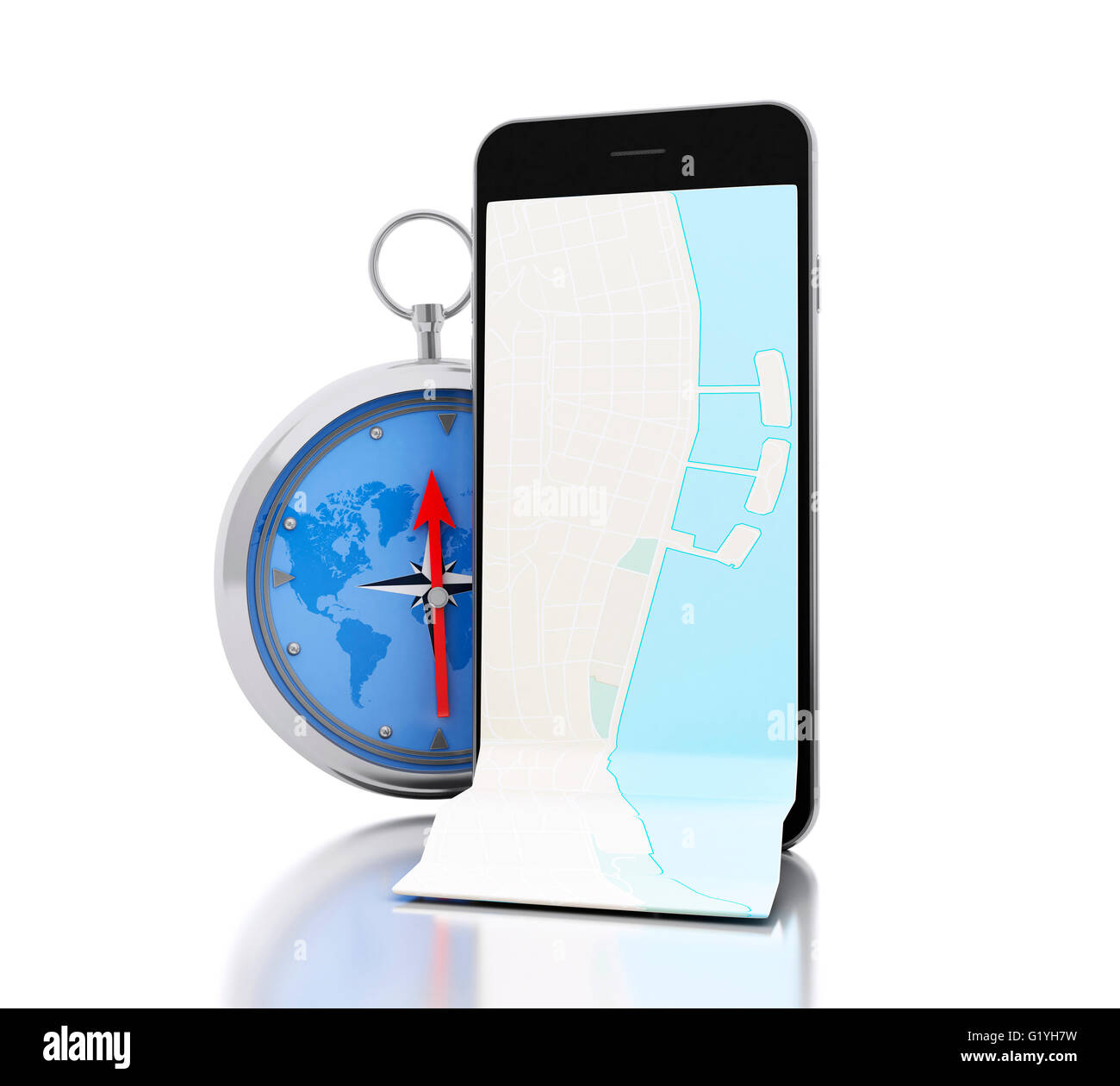 3D Renderer Bild. Smartphone mit einer Karte und Kompass. Navigationskonzept. Isolierten weißen Hintergrund. Stockfoto