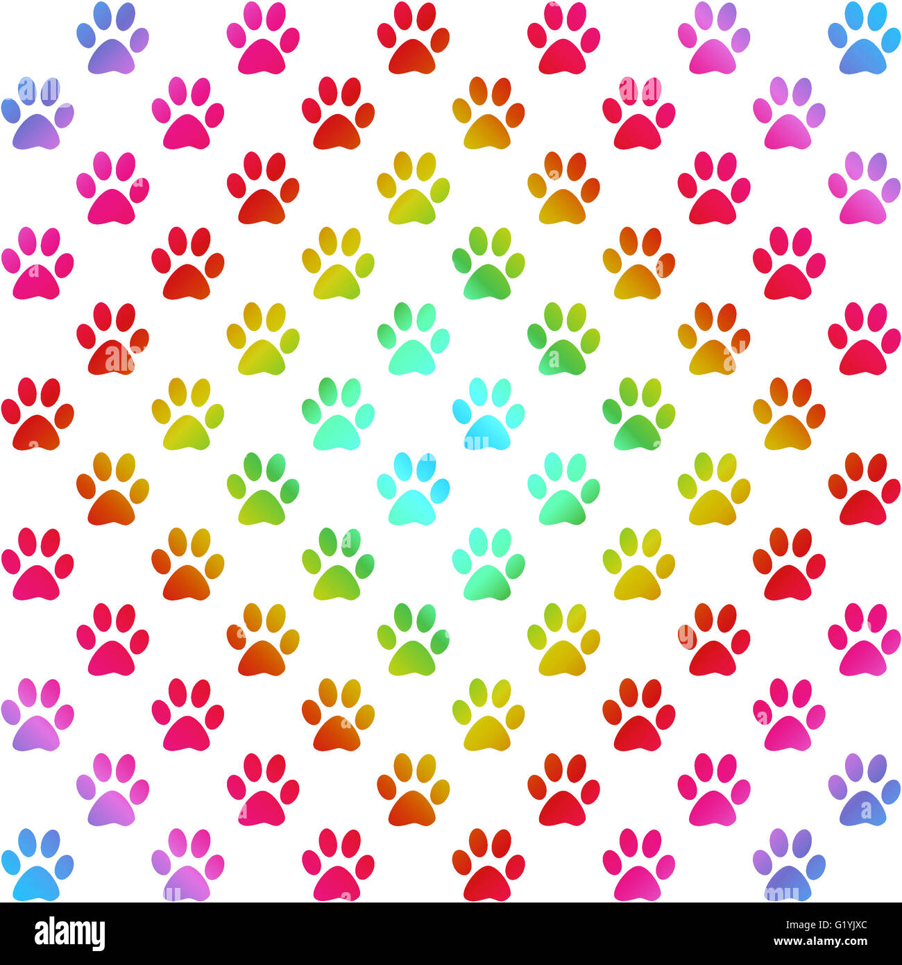 Pfotenabdrücke in Verlaufsfarben in eine Raute auf weißem Hintergrund Stockfoto